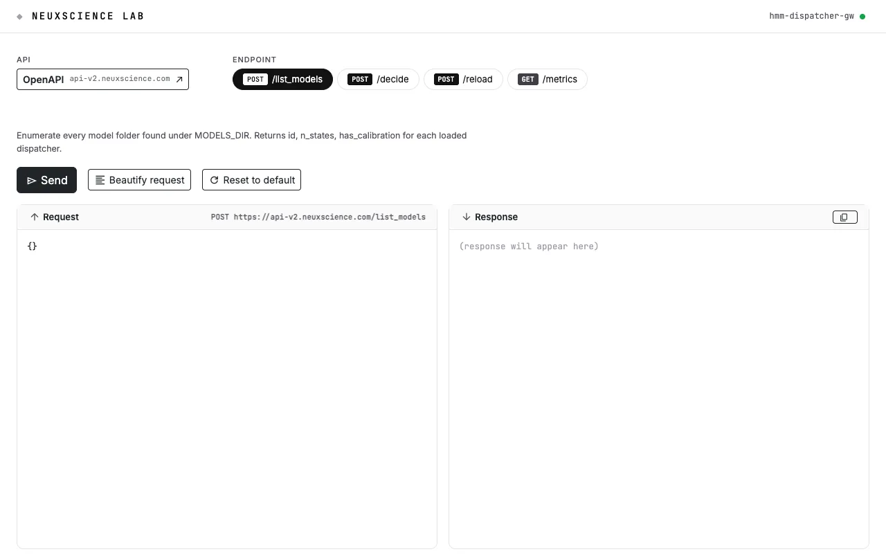 NeuxScience Lab Console — /list_models endpoint view